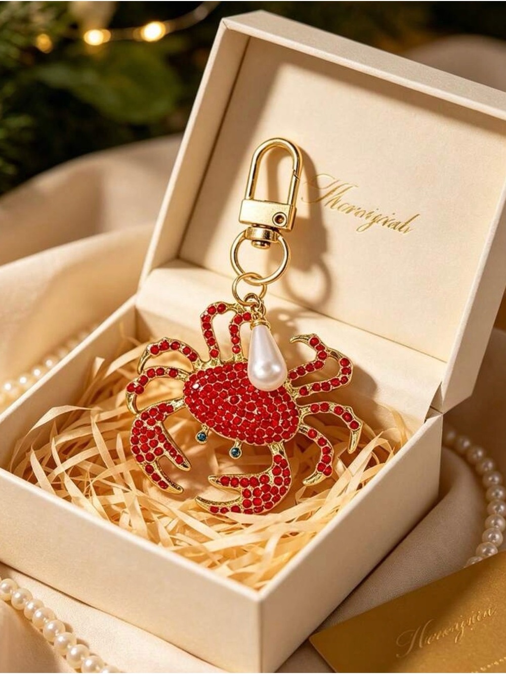 Gold-Tone Red Crystal Crab Bag Charm with Pearl Accent - Picture 6 of 8